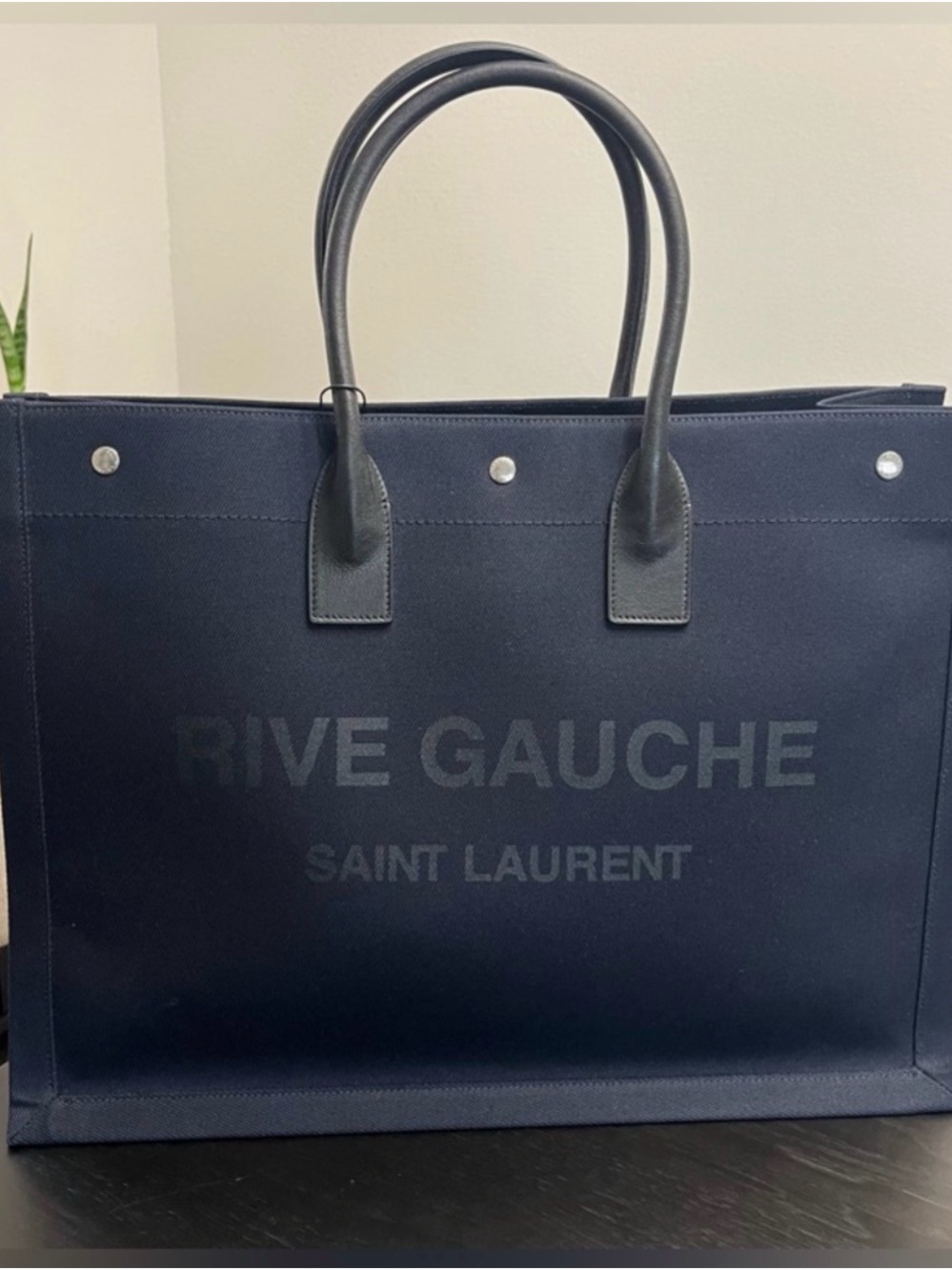 Saint Laurent Navy Rive Gauche Canvas Tote with Black Handles